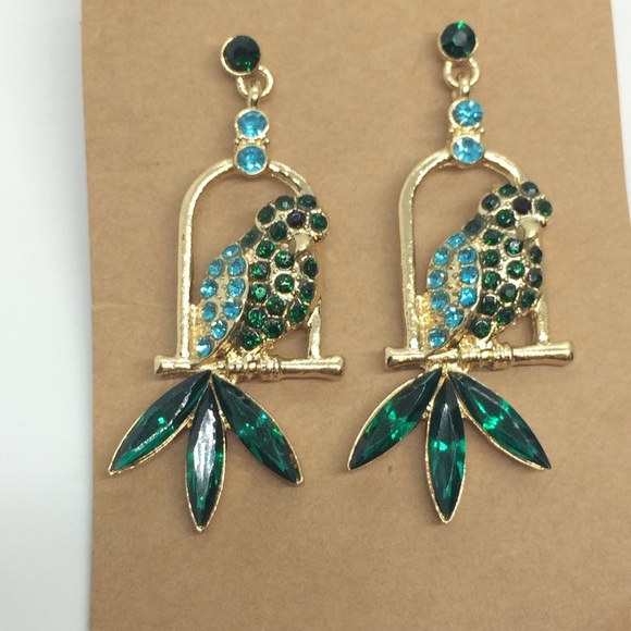 3/$30 RHINESTONE PARROT BIRD EARRINGS BLUE GREEN GOLD TONE TROPICAL DANGLE DROP - Picture 13 of 14